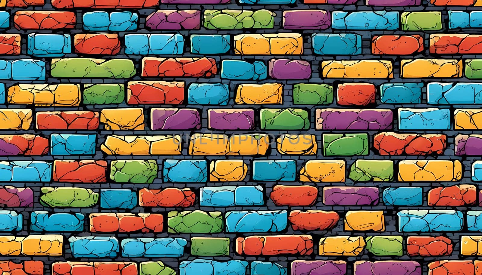 This vibrant brick wall showcases an array of colors including red, yellow, turquoise, and purple. The design reflects an artistic approach often found in urban environments. Generative AI.