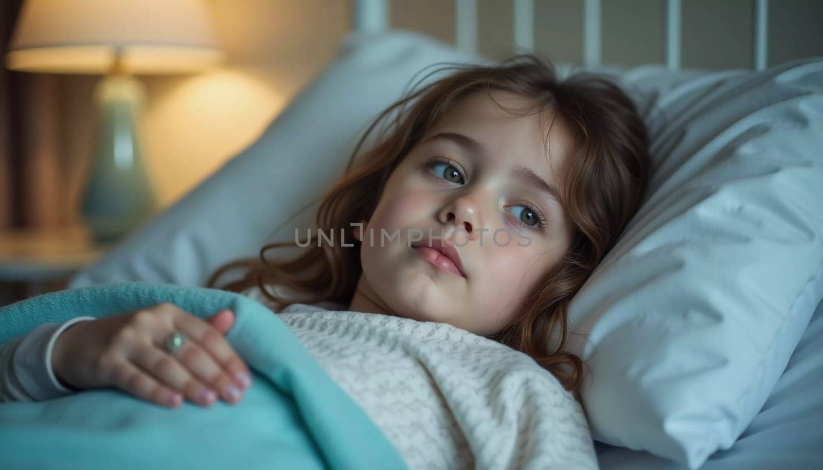 A young girl lies in a hospital bed, looking contemplative while wrapped in a light blanket. The soft lighting creates a peaceful atmosphere filled with hope. Generative AI.