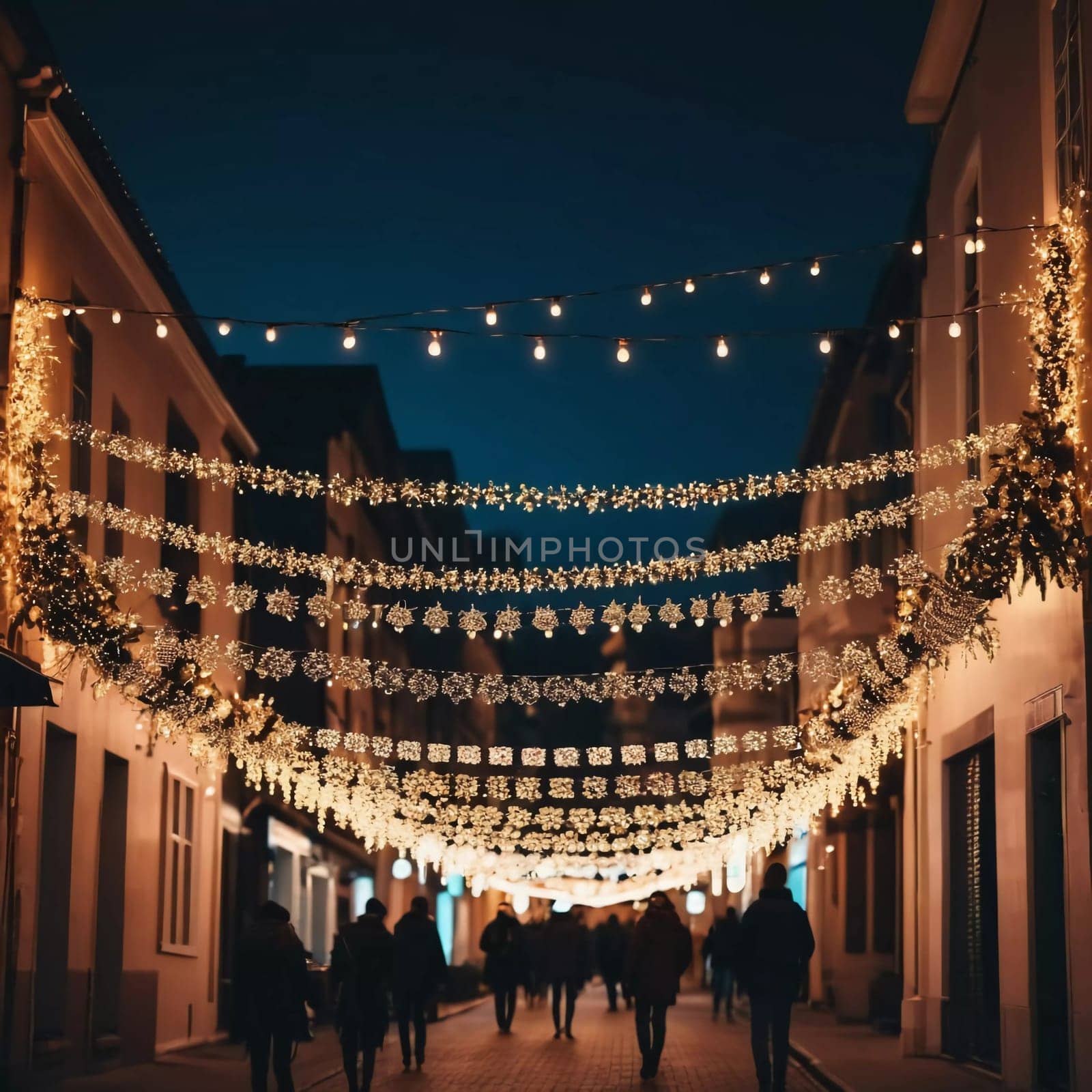 Twinkling holiday garlands glow above a lively street as people stroll and enjoy the festive atmosphere during the evening hours of a charming town. Generative AI.