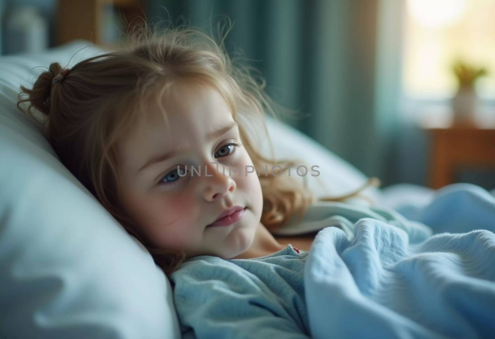 A young girl lies in a hospital bed, looking contemplative while wrapped in a light blanket. The soft lighting creates a peaceful atmosphere filled with hope. Generative AI.