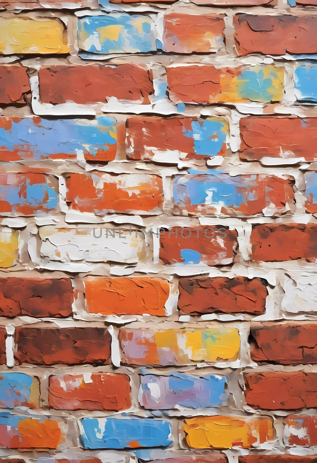 A textured brick wall displays an array of colors, featuring warm reds, oranges, and cool blues, adding vibrancy and depth to a contemporary space. Generative AI.