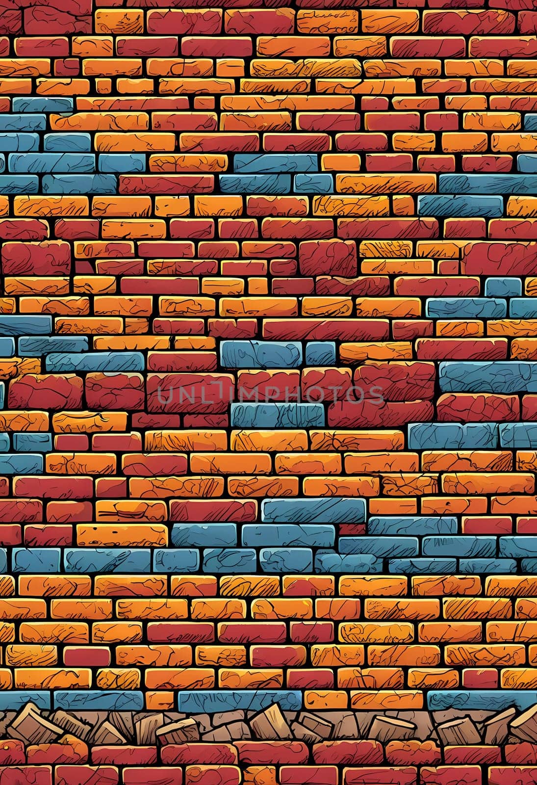 This vibrant brick wall showcases an array of colors including red, yellow, turquoise, and purple. The design reflects an artistic approach often found in urban environments. Generative AI.