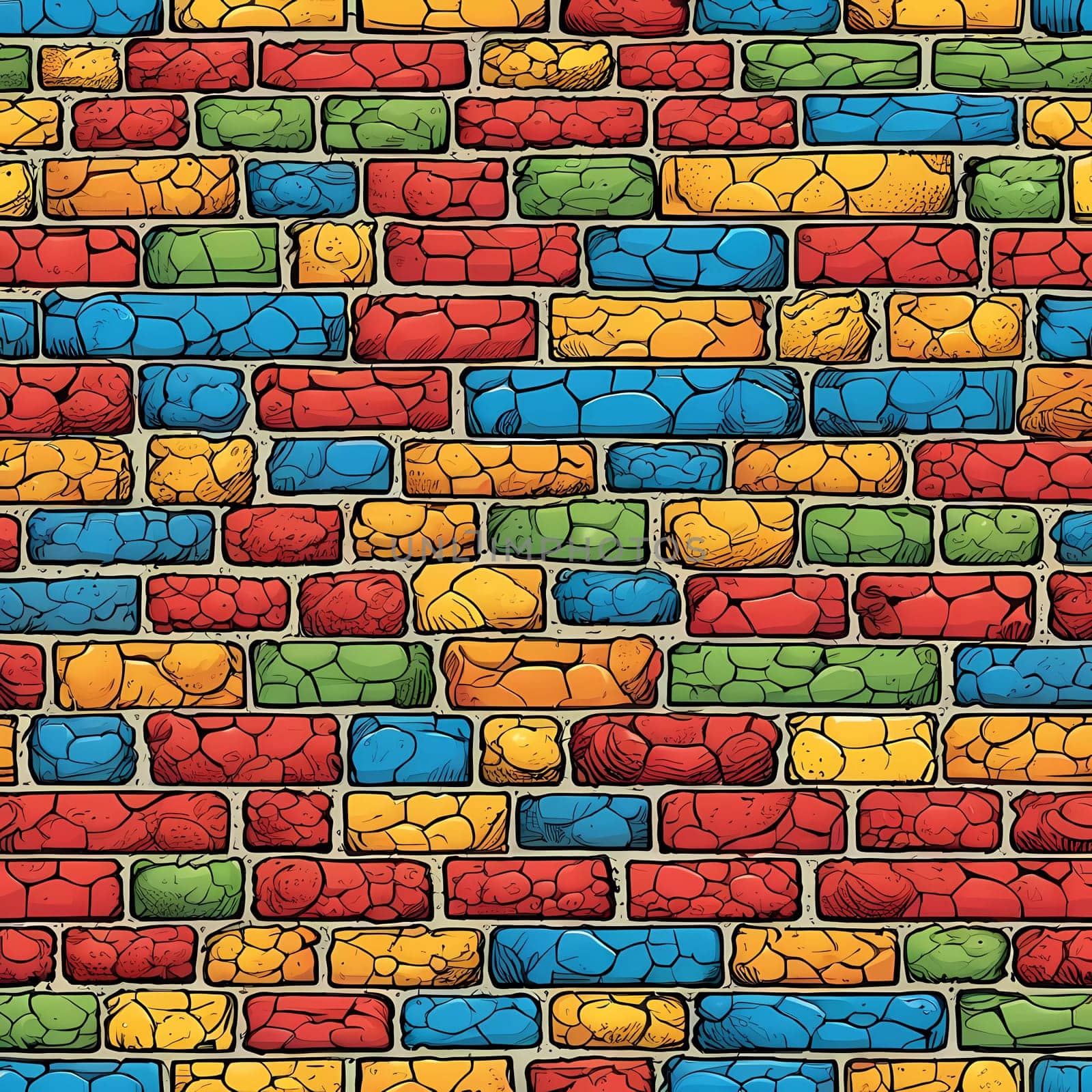 This vibrant brick wall showcases an array of colors including red, yellow, turquoise, and purple. The design reflects an artistic approach often found in urban environments. Generative AI.