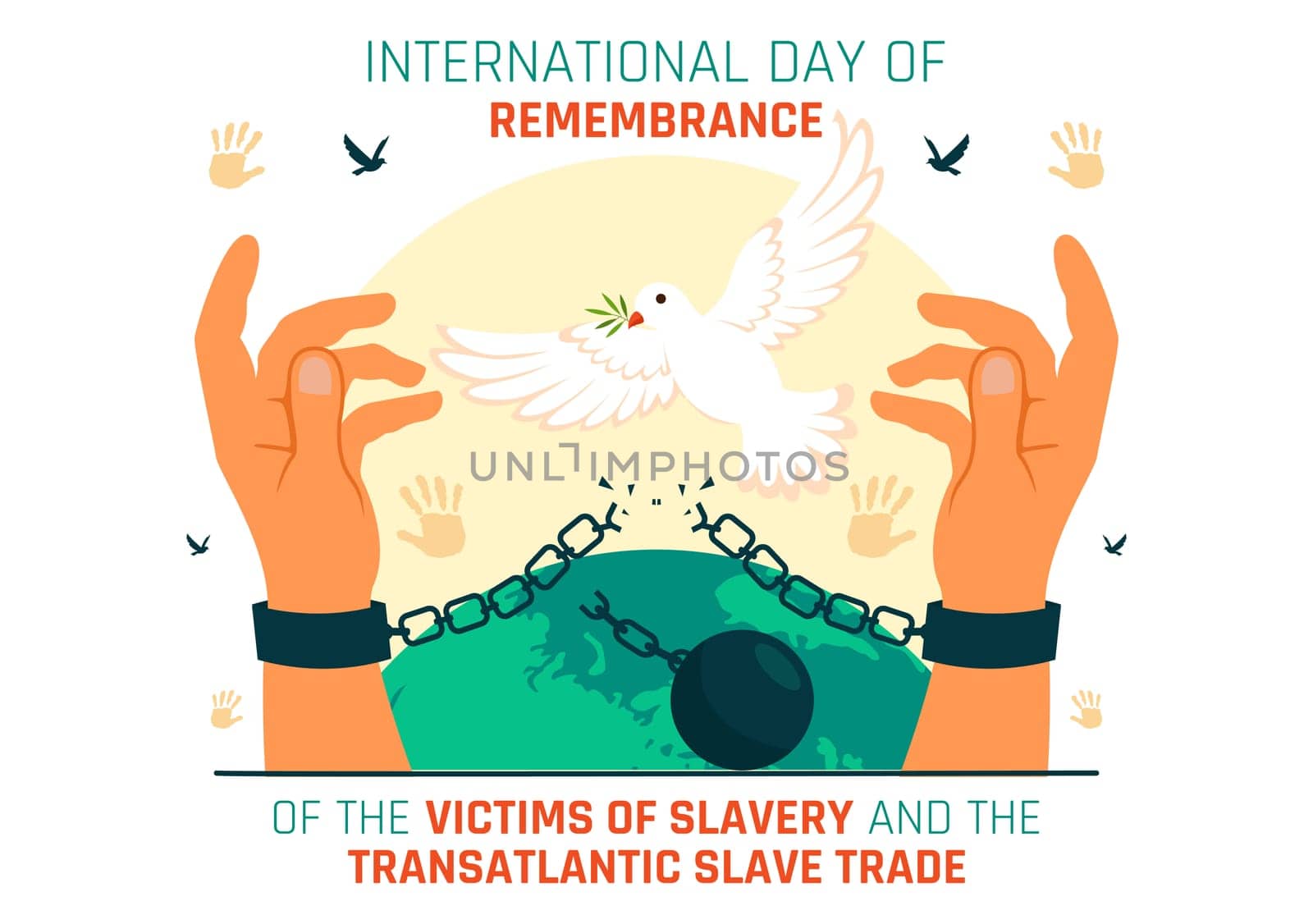 International Day of Remembrance of the Victims of Slavery and the Transatlantic Slave Trade Vector Illustration Featuring Broken Handcuffs on Hands