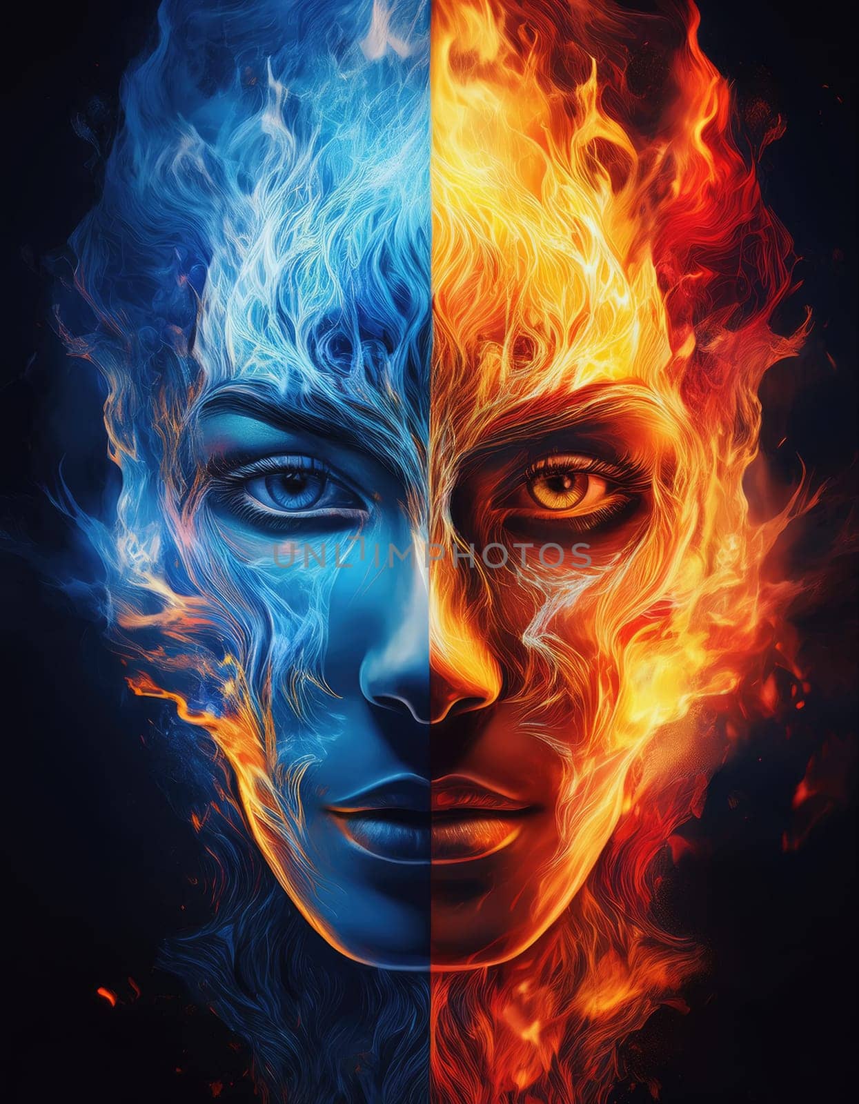 Split face burning half in orange fire flame and other side in ice blue blaze. Surreal contrasting personality, conceptual background. Bipolar energy concept