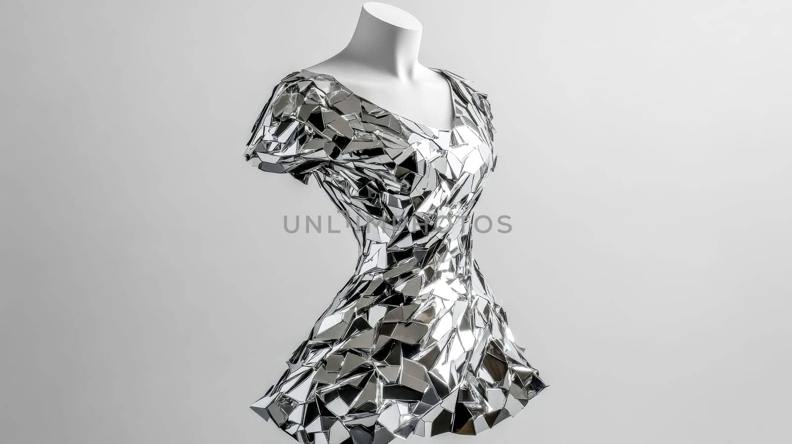 Studio shot featuring a metallic mini dress crafted from numerous reflective pieces, displayed on a mannequin against a white background, showcasing its unique and eye catching design