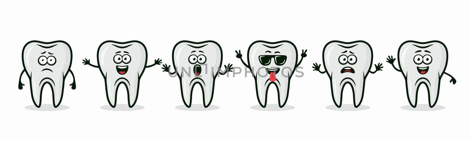 Adorable Tooth Characters Showing Different Emotions. Flat Vector Tooth Illustration - Happy, Excited, Sad, Scared Expressions. Cute Tooth Design Templates for Dental Logos, Marketing, Dental Branding.