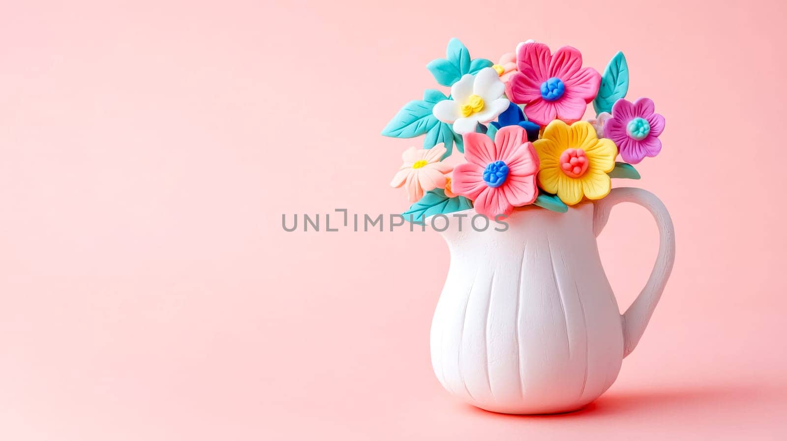 Bouquet of vibrant, handcrafted clay flowers adds a touch of whimsy and color to a simple white pitcher, set against a soft pink backdrop, creating a cheerful and inviting scene