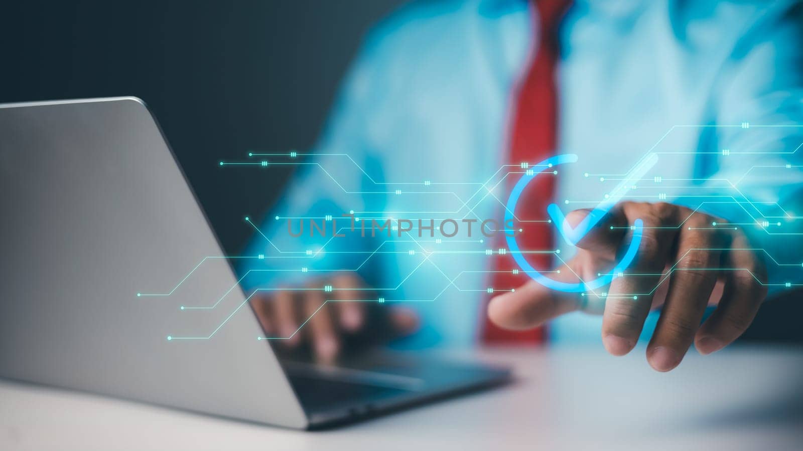 Business process validation automation concept, Service guarantee, quality assurance management, Certification, Digital transformation. businessman touching checked icon on virtual screen.