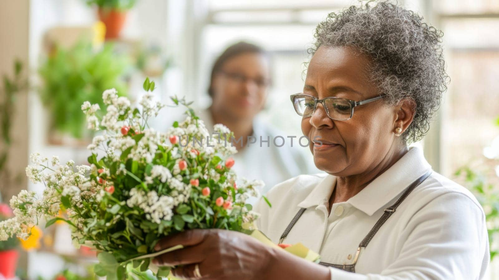 African american mature florist woman creates bouquet of flowers in flower store, AI Generated