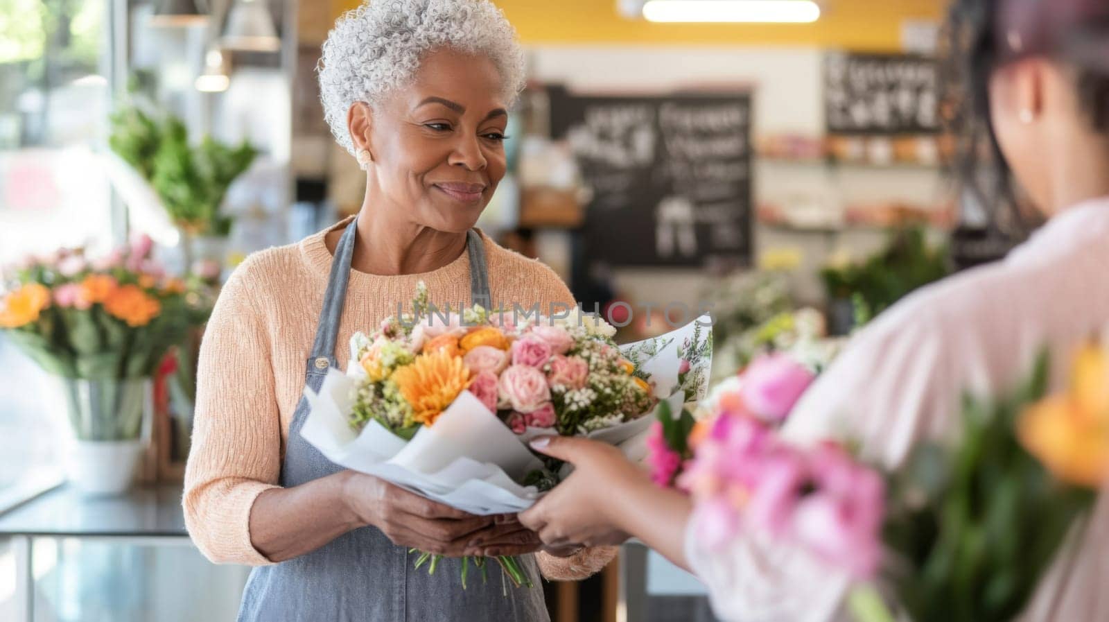African american mature florist woman creates bouquet of flowers in flower store, AI Generated