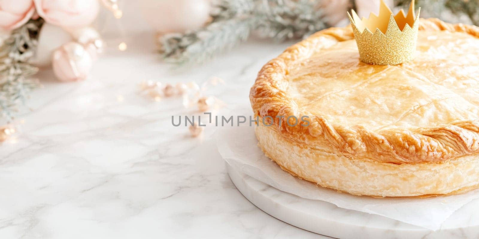 Three kings holiday festive cake topped with golden paper crown on a table, background, AI generated