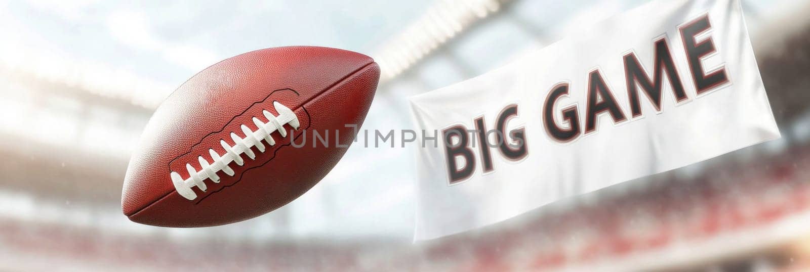 American football ball in motion at sport stadium with a big game text banner, background, AI generated