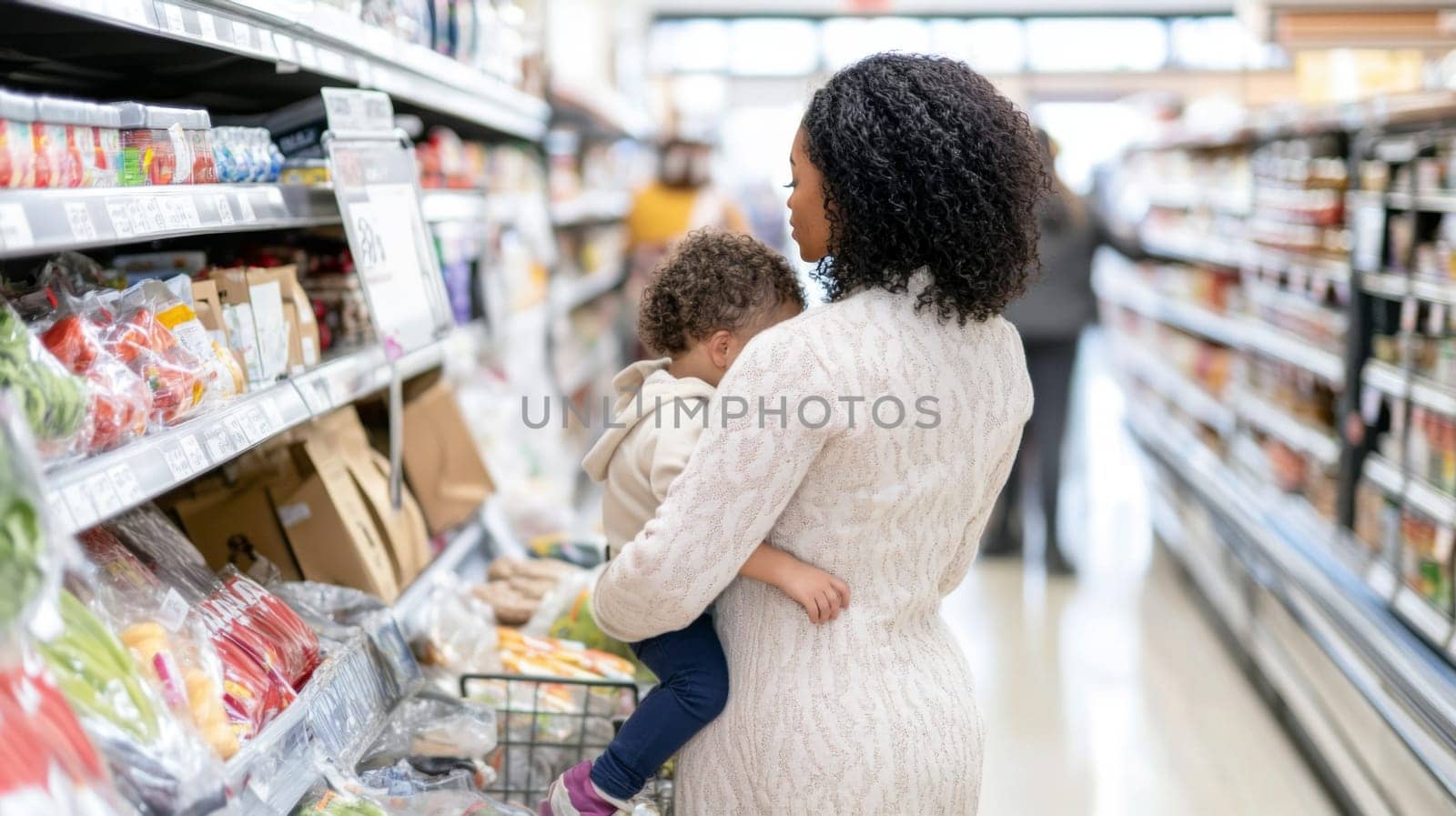 Mother and child shopping for fresh produce at grocery store, family lifestyle background, AI generated