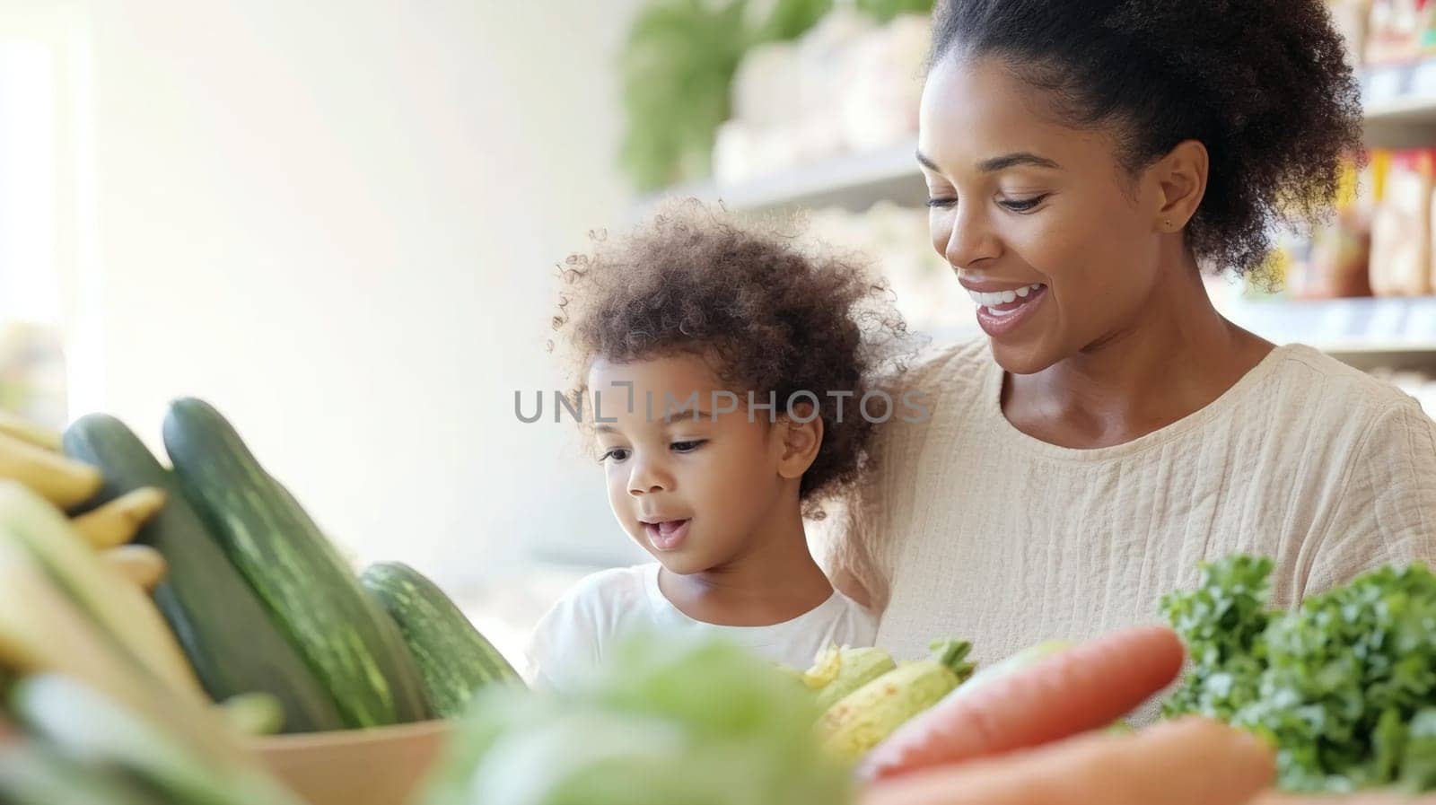 Mother and child shopping for fresh produce at grocery store, family lifestyle background, AI generated