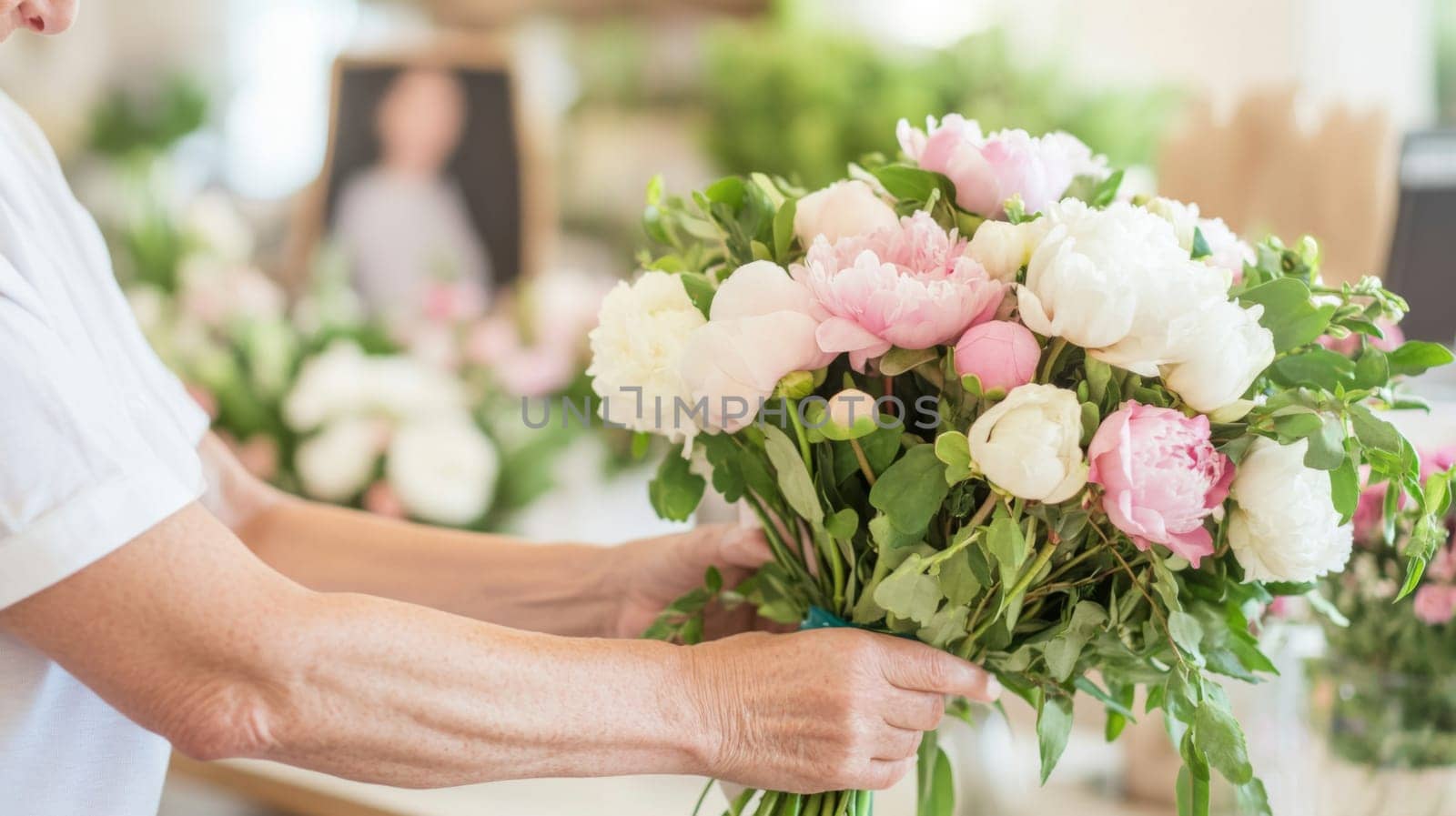 Mature florist woman creates bouquet of flowers in flower store, AI Generated