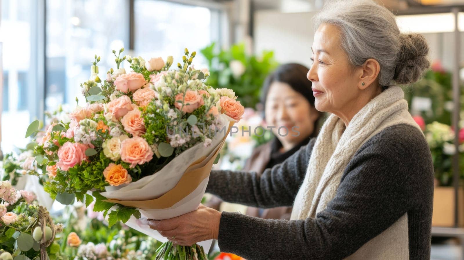 Asian american mature florist woman creates bouquet of flowers in flower store, AI Generated