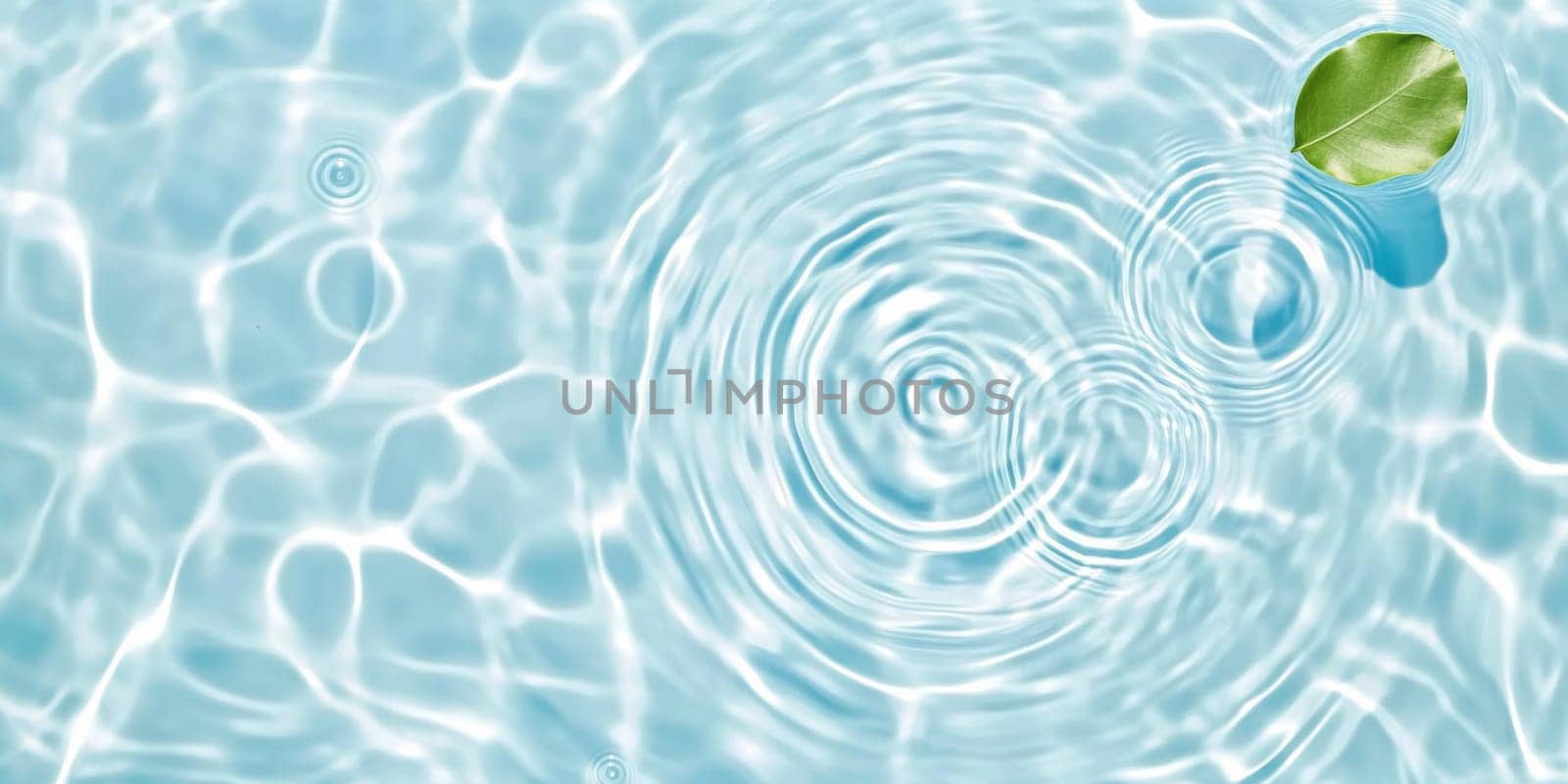 A green leaf floating on water showing ripples and bubbles, suitable as SPA background, AI generated