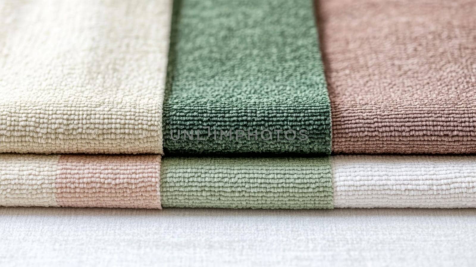 Chenille Fabric samples in various neutral colors close up arranged, texture detail, interior design palette background, AI Generated