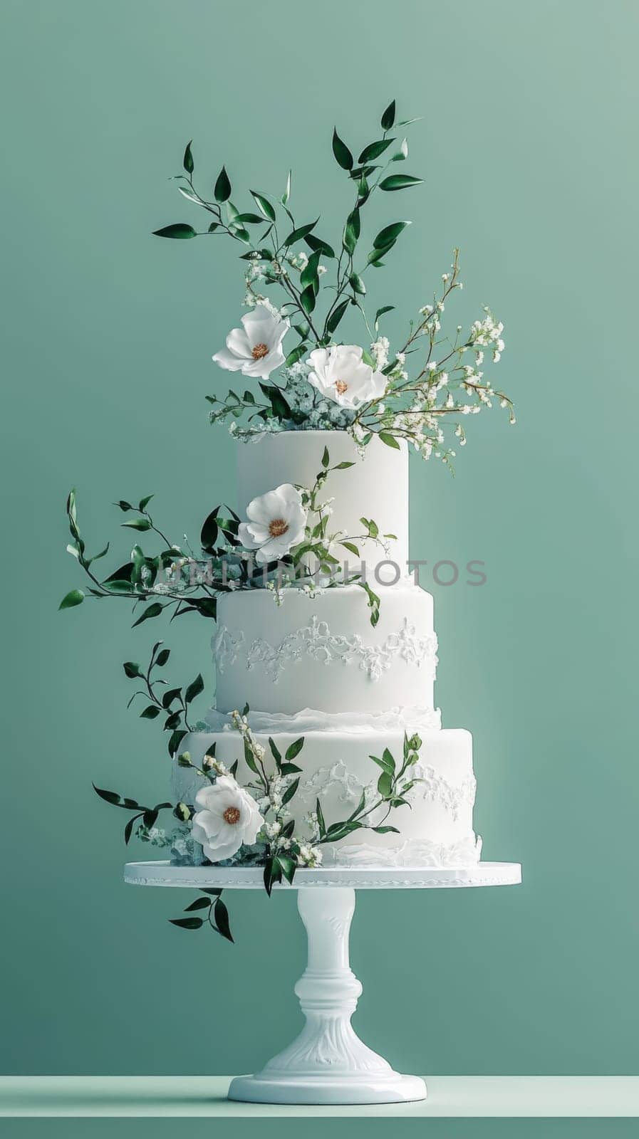 Wedding cake with beautiful flowers on solid pastel color background, copy space, AI Generated