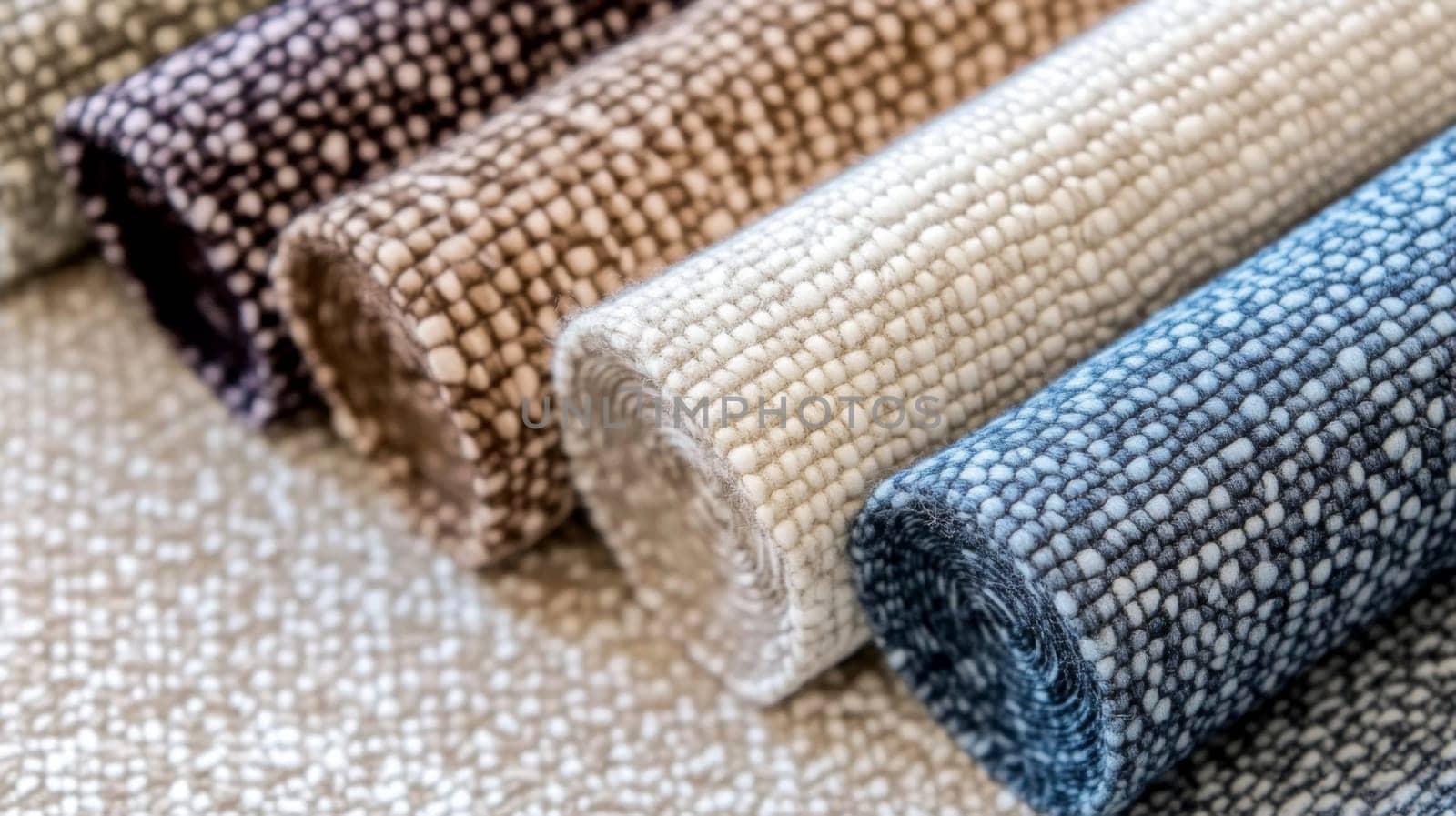 Boucle Fabric samples in various neutral colors close up arranged, texture detail, interior design palette background, AI generated