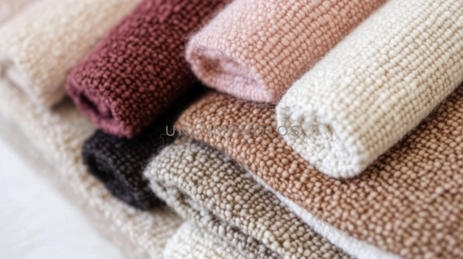Boucle Fabric samples in various neutral colors close up arranged, texture detail, interior design palette background, AI generated