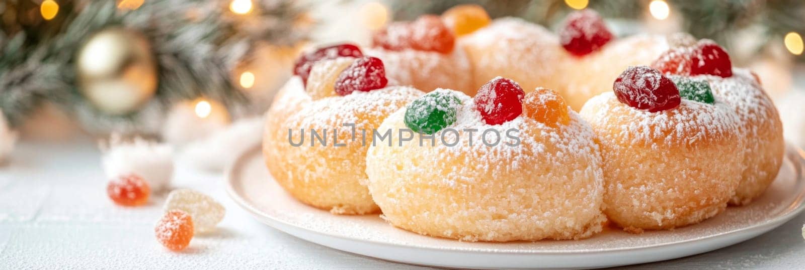Three kings holiday festive fruitcake topped with colorful candied fruits on a table, background, AI generated