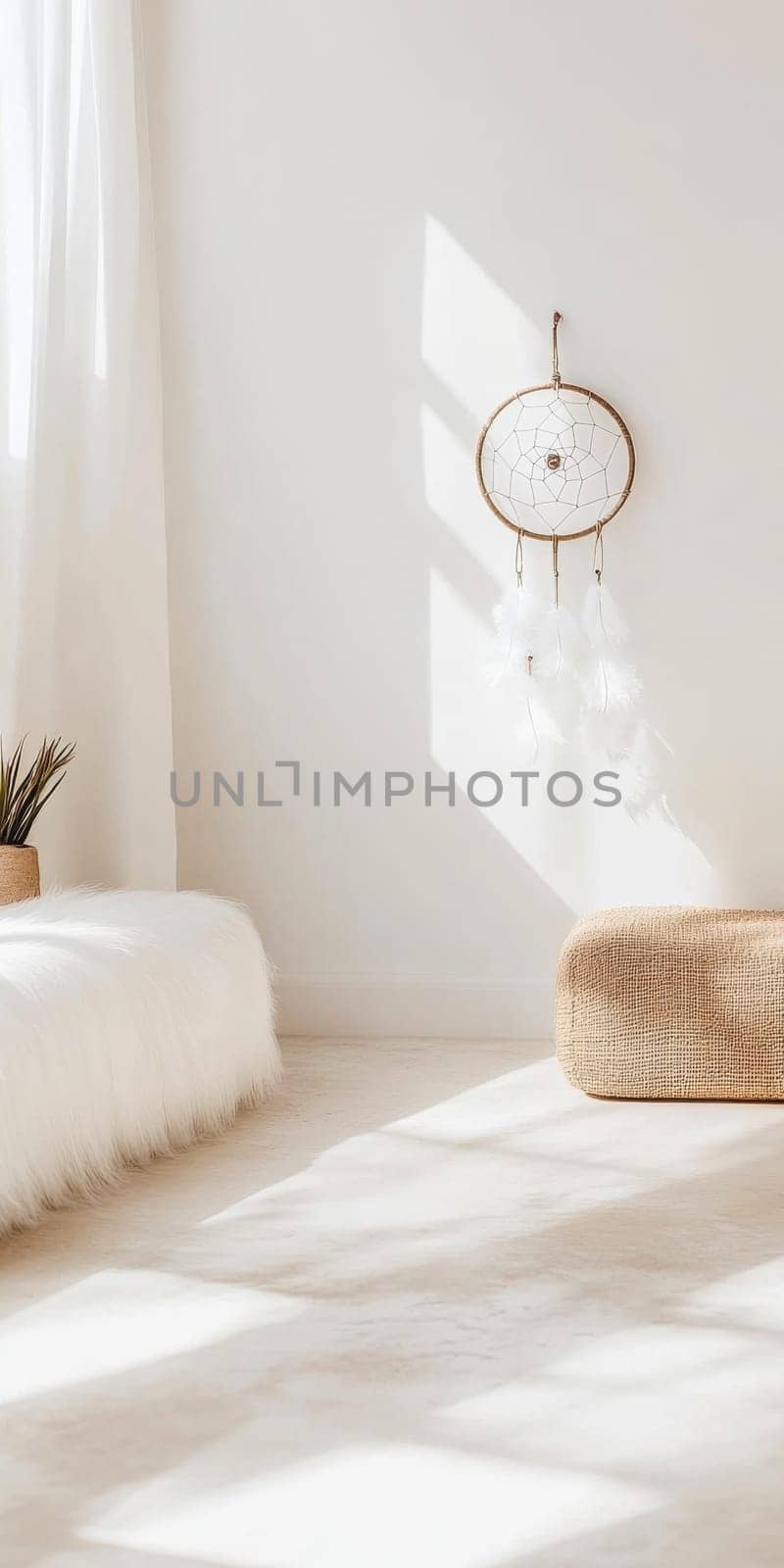 Dreamcatcher hanging in light airy room, boho decor background with copy space, AI generated