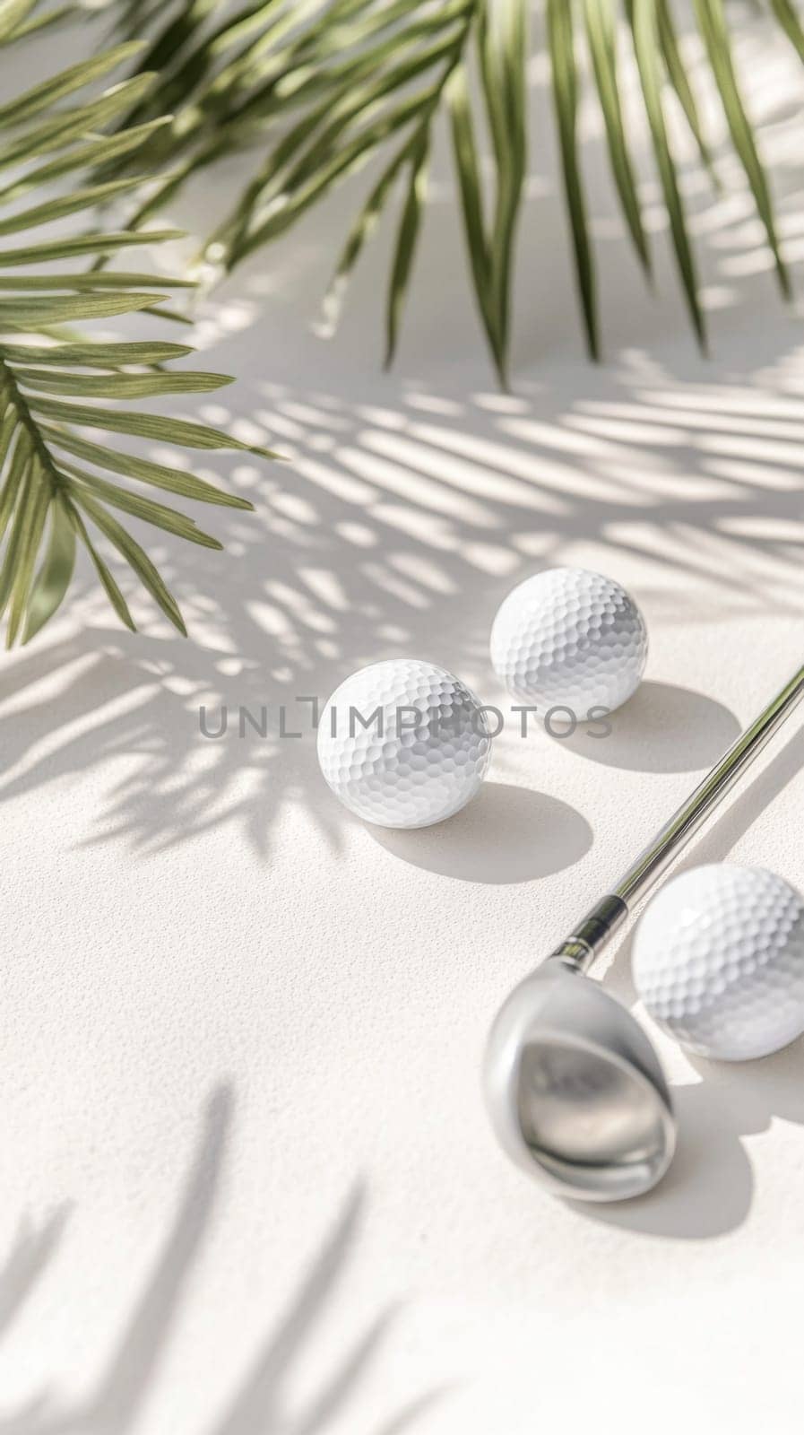 Golf balls and club on sunny textured surface with palm shadows, background, AI generated