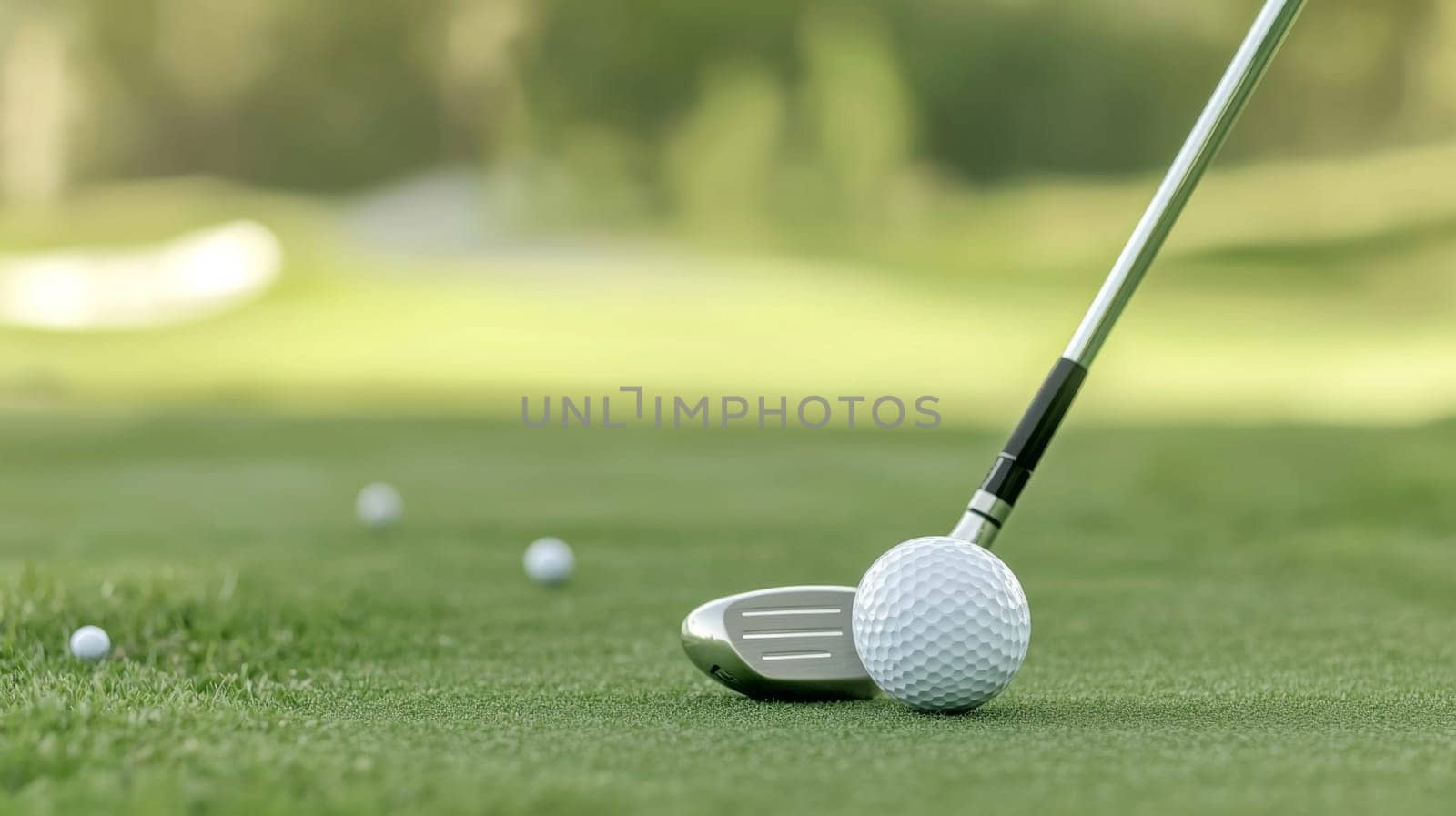Golf ball on lush green grass, copy space for sports backgrounds, AI generated