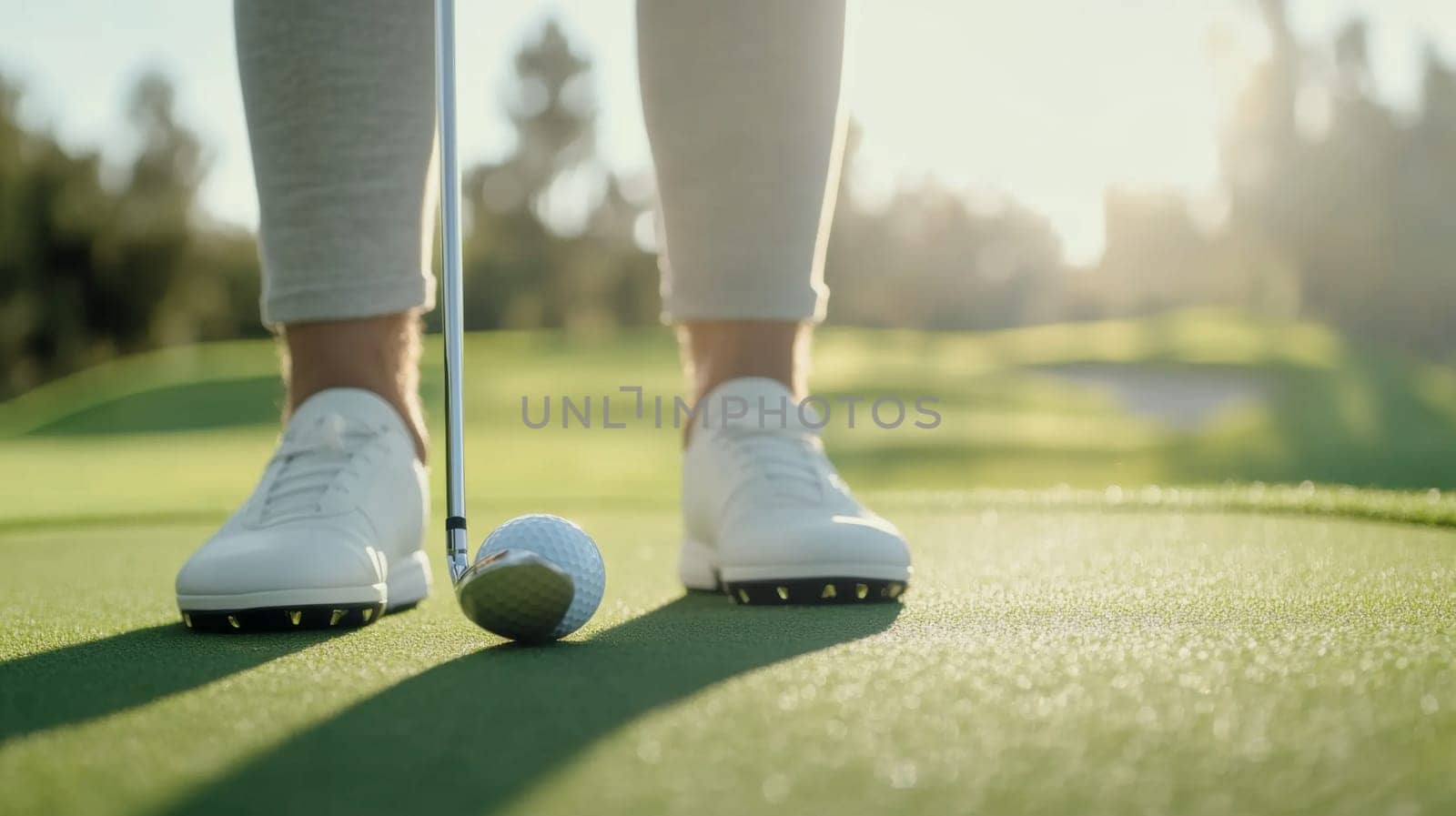 Golf ball in motion on lush green course during sunny day, action concept, AI generated