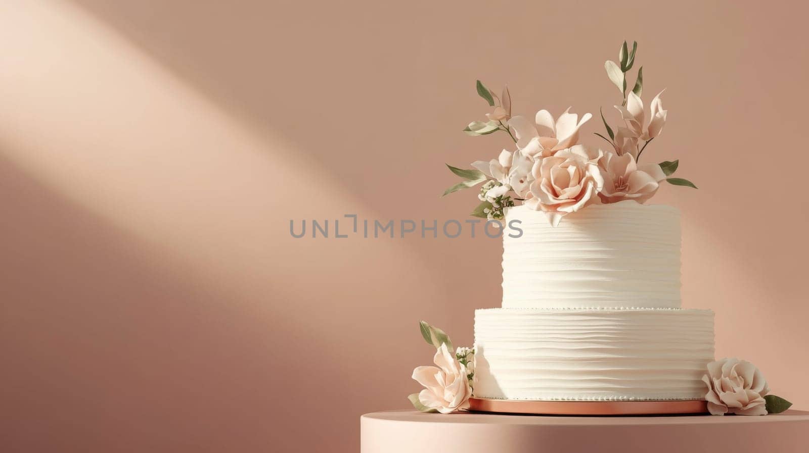 Wedding cake with beautiful flowers on solid pastel color background, copy space, AI Generated