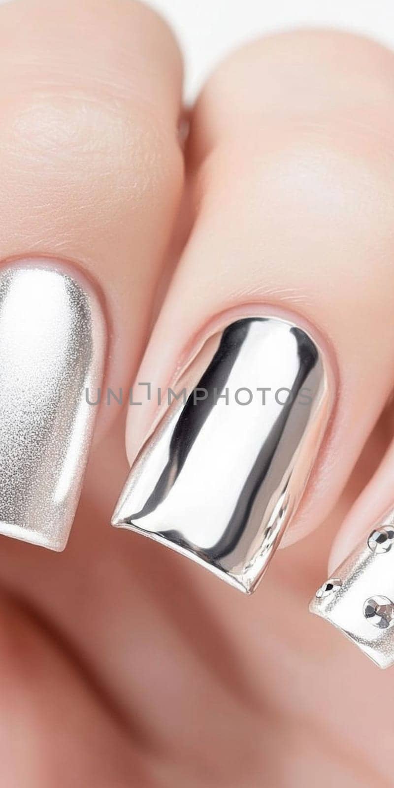 Metallic silver chrome nails closeup with rhinestone accents, vertical background, AI Generated