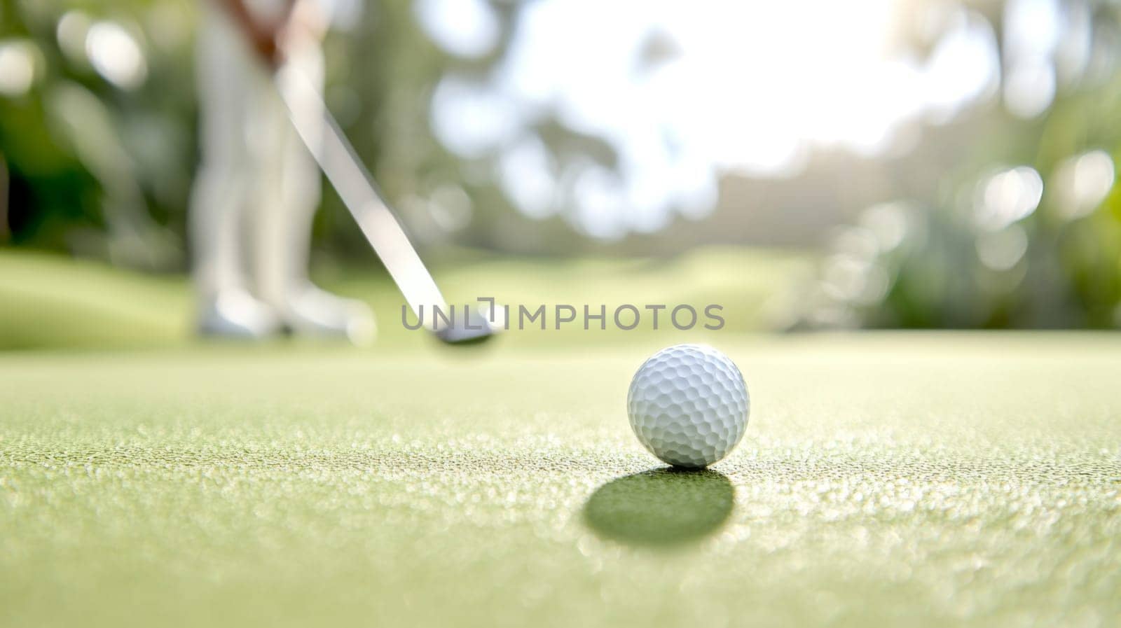 Golf ball in motion on lush green course during sunny day, action concept, AI generated