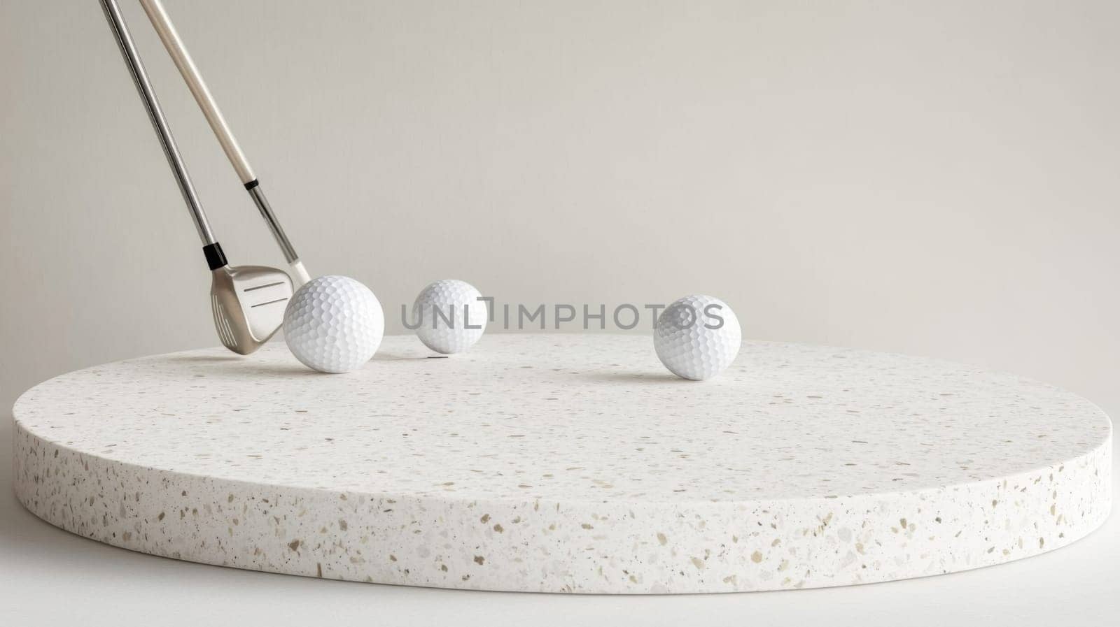 Golf club and two golf balls casting shadows on white surface, background, AI generated