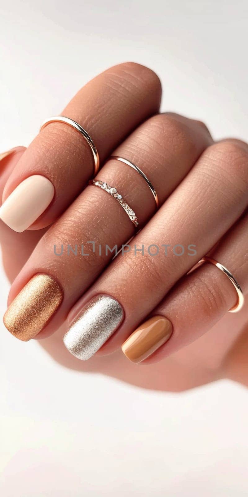 Elegant manicure closeup with gold, silver, peach, and white nail polish detail, AI generated