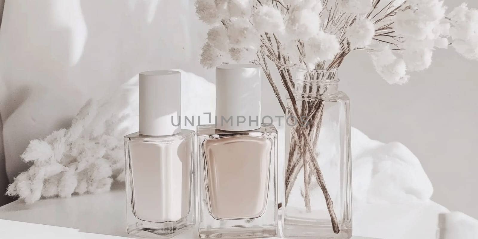 Nail polish bottles in pastel neutral shades closeup, AI generated