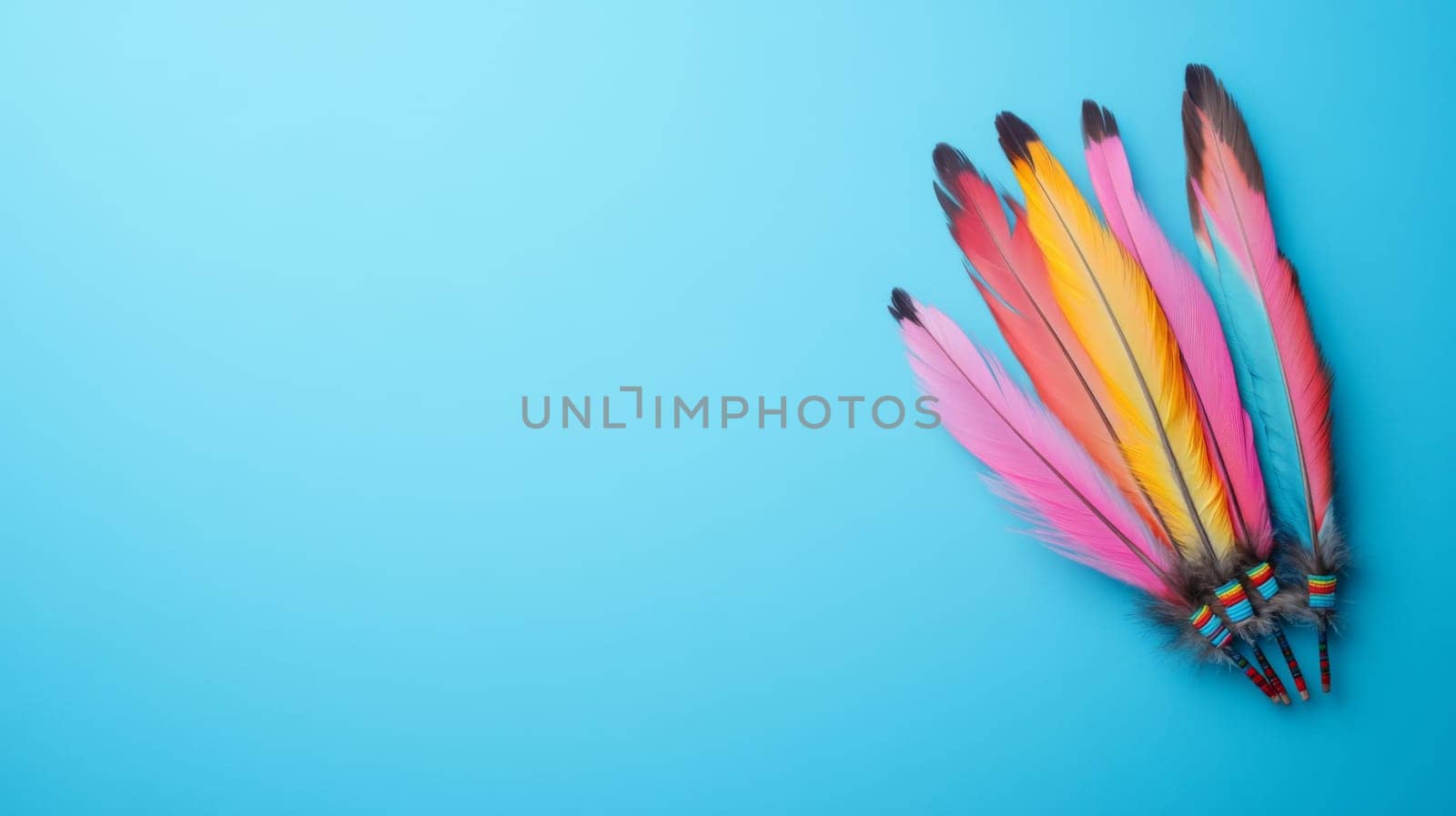 Nation indigenous peoples day concept, Colorful feather on minimslist color background, AI generated