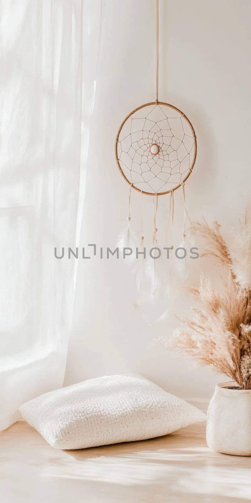 Dreamcatcher hanging in light airy room, boho decor background with copy space, AI generated