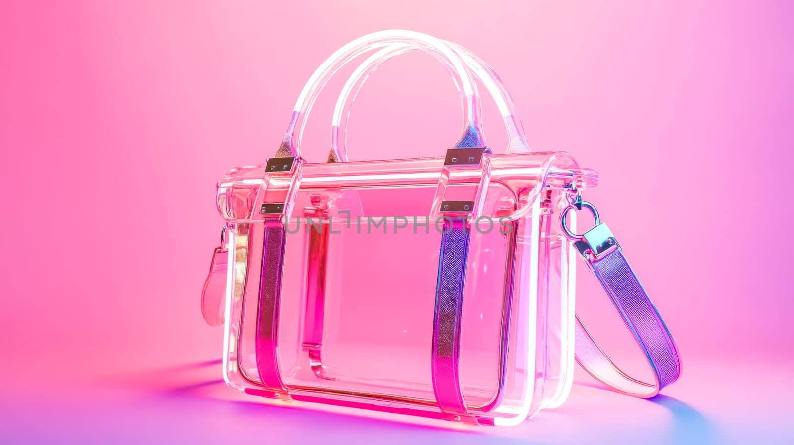 Transparent handbag with futuristic metal details and iridescent reflections is glowing on a vibrant pink background, creating a stylish and modern fashion statement