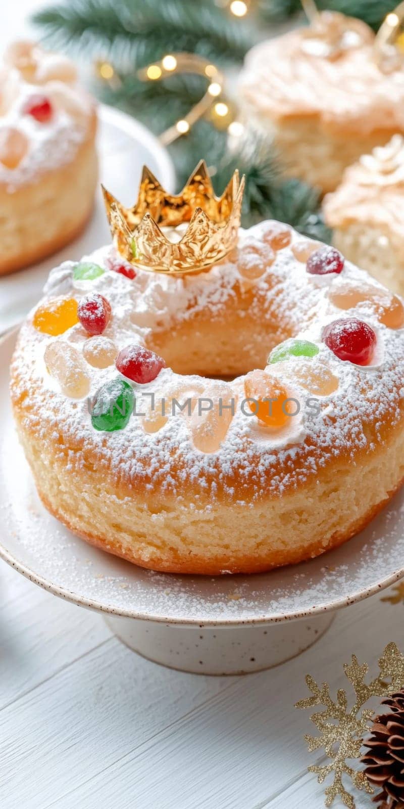Three kings holiday festive fruitcake topped with colorful candied fruits on a table, background, AI generated