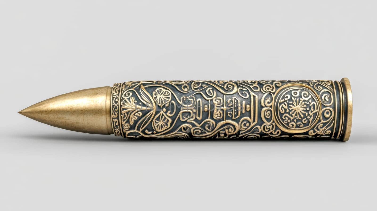 Large bullet adorned with intricate oriental design is resting on a simple gray background, showcasing the craftsmanship and artistry of its decoration
