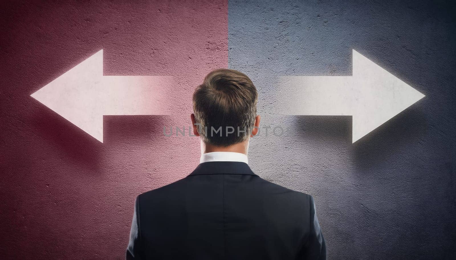 Rear view doubtful businessman in suit stands in front of a wall divided into red and blue sides, with arrows pointing different directions to choose, left or right