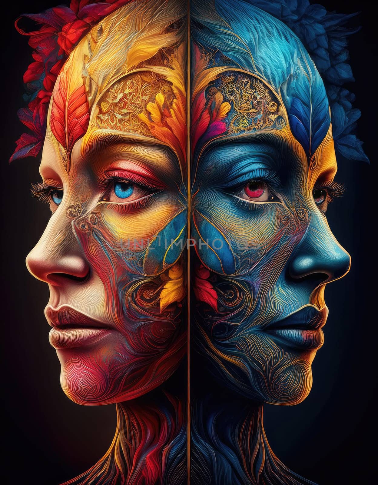 Equinox concept with split face emotionsm day vs night. Surreal contrasting bipolar personality. Two distinct halves, red and blue or dark versus light, creating a symmetrical portrait composition