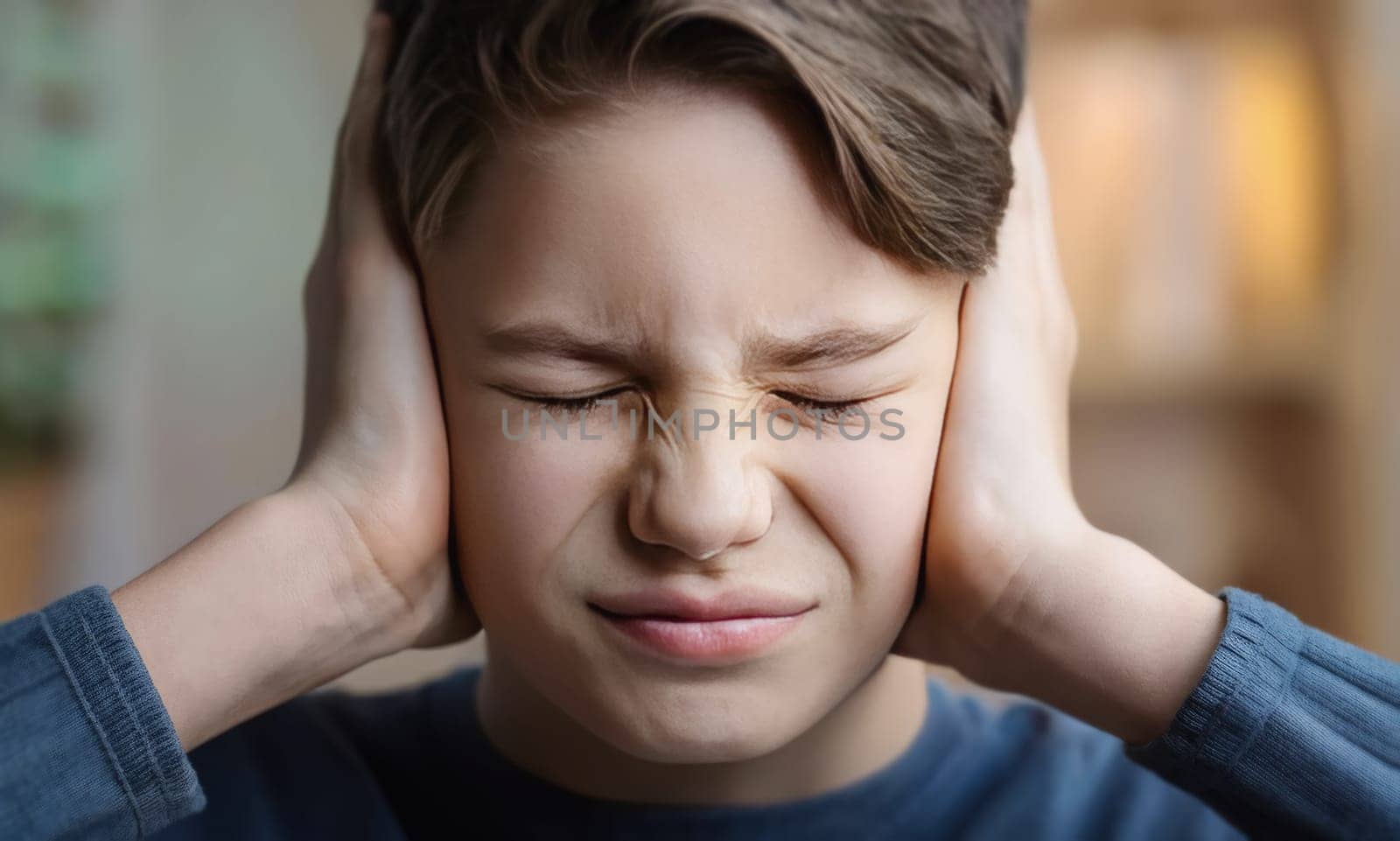 Scared boy kid victim of domestic violence keeps hand to head covering ears, eyes closed, feeling discomfort and emotional stress. Sad child feels scared, looks hopeless due of home abuse