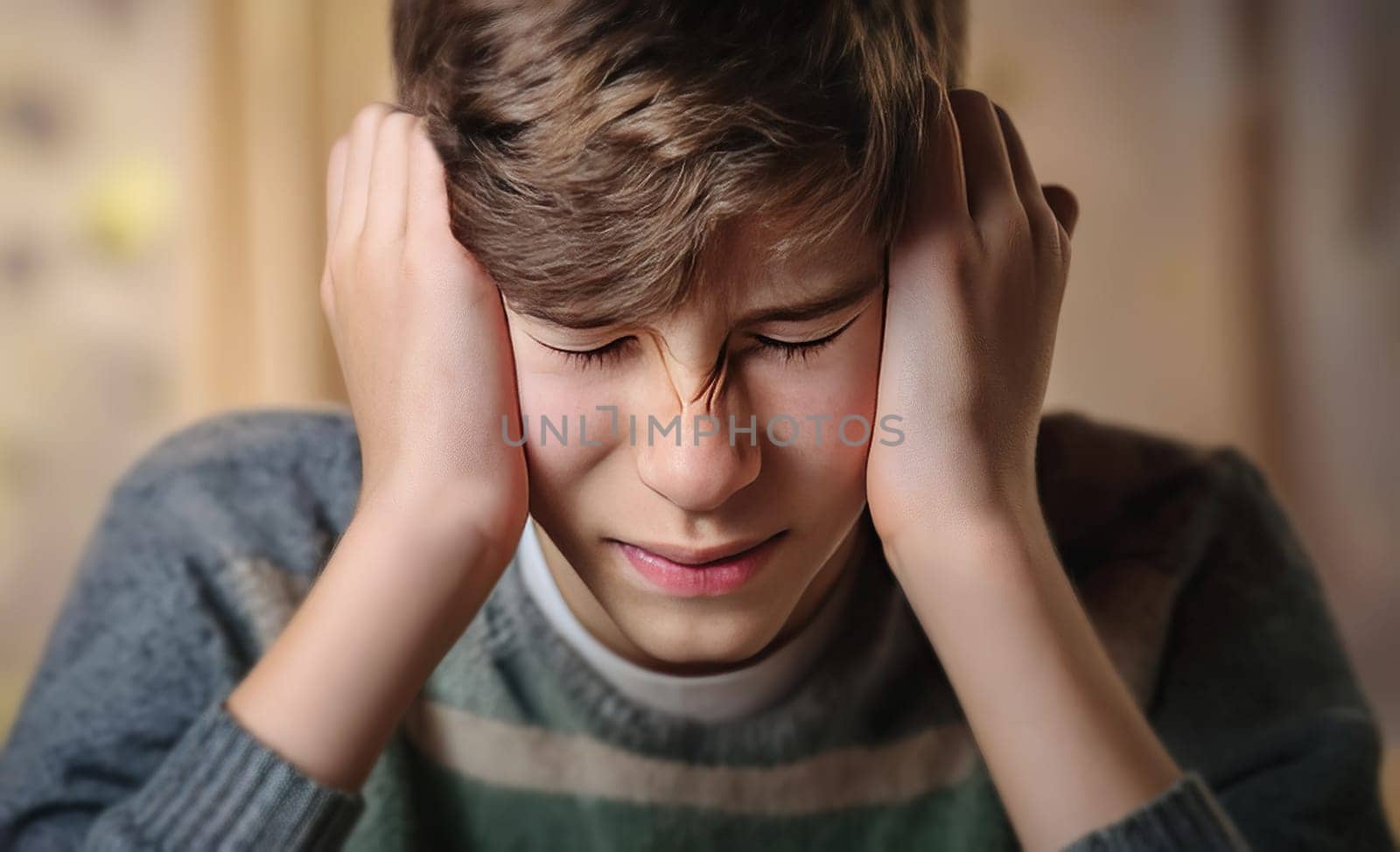 Upset boy teenager victim of school bullying keeps hand to head, eyes closed, feeling discomfort and emotional stress. Sad adolescent feels scared, looks hopeless and pessimistic