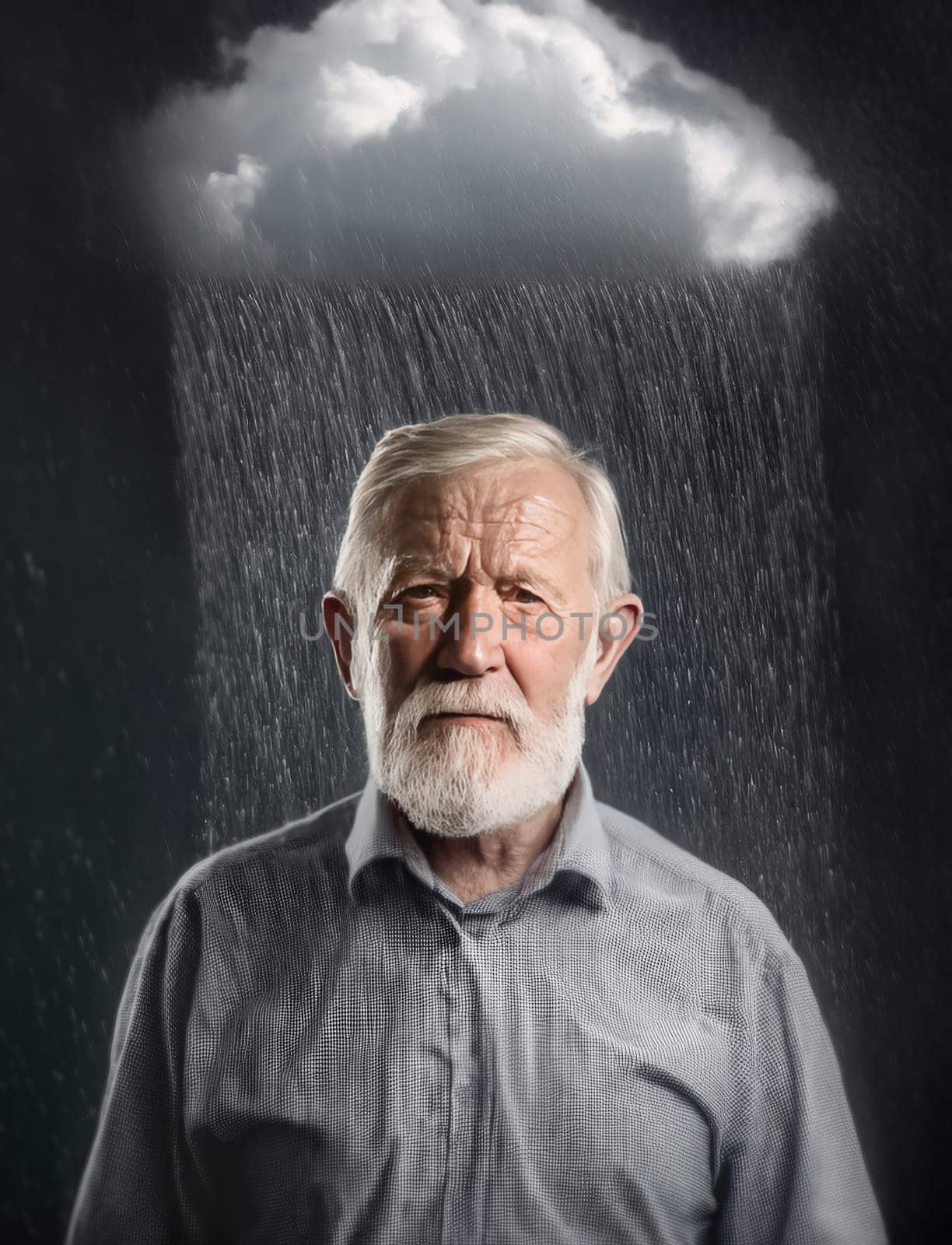 Pessimistic old man stands under rain with a storm cloud above head. Concept of losing memory, amnesia or Alzheimer's elderly disease. Cloudy and moody thoughts
