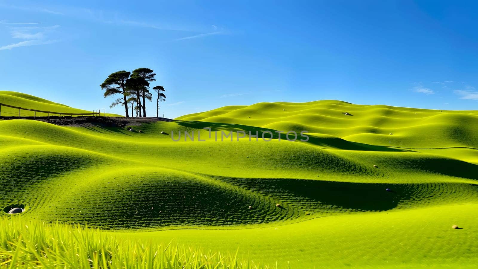 The nice green grass field with beautiful blue sky and cloud with trees