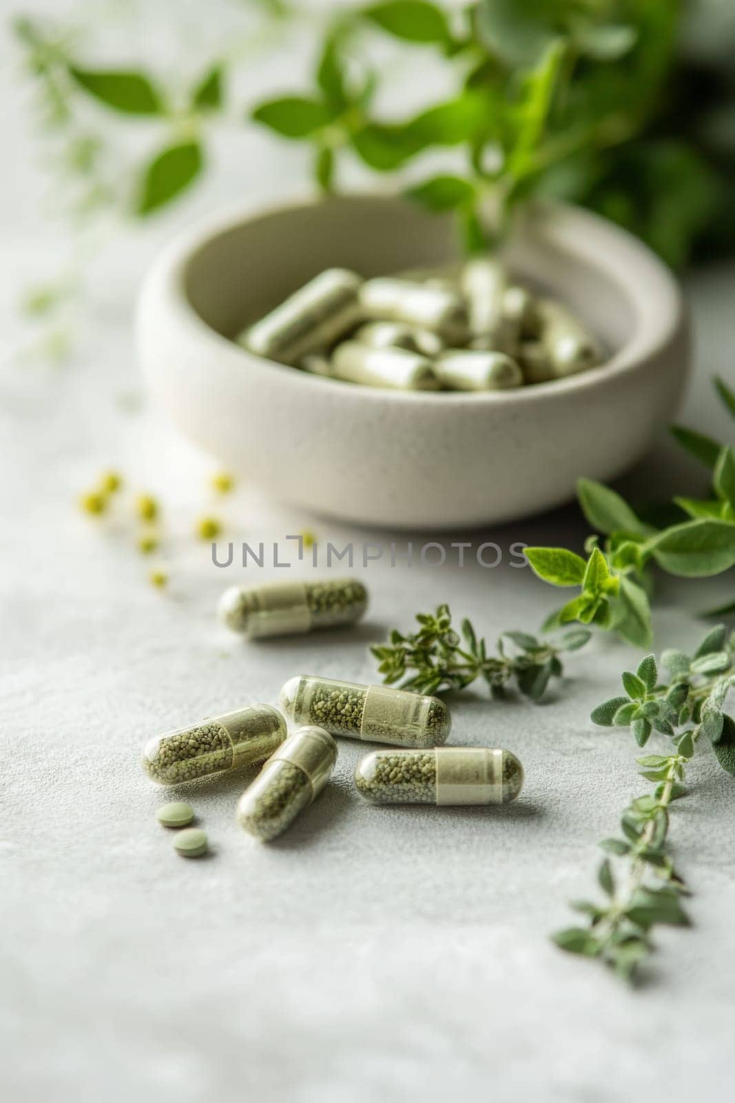 Supplements and vitamins with medicinal herbs. Selective focus. Generative AI, medical