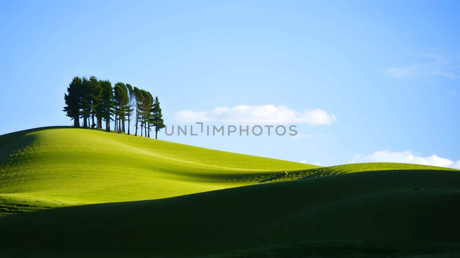 The nice green grass field with beautiful blue sky and cloud with trees